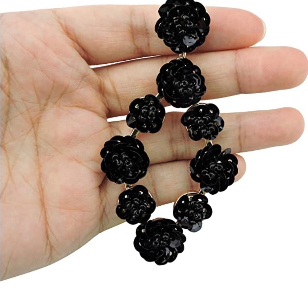 Statement Black Sequin Flowers Long Dangle Drop Stud Earrings